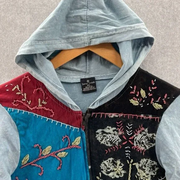 Sacred Threads Jacket Womens M/L Baby Blue Patchwork‎ Embroidered Full Zip Hood - Picture 2 of 9
